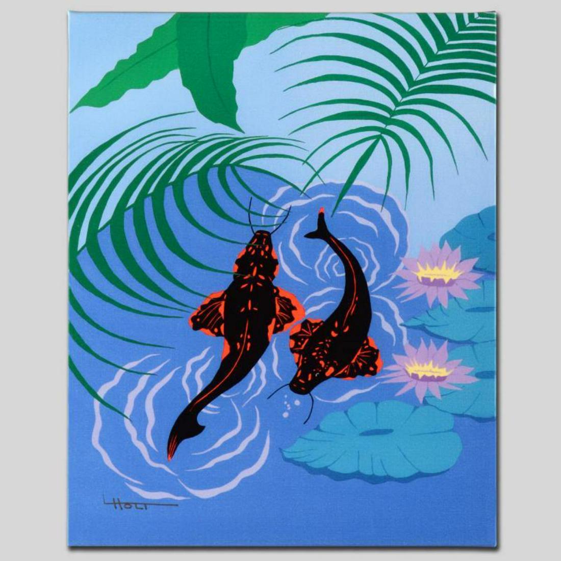 "Koi Garden" Limited Edition Giclee on Canvas by: Larissa Holt, a student of distinguished artist Eyvind Earle(1916-2000), uses bold colors and breathtaking scenery to create images of Nature in her own unique style. "Koi Garden" is a limited edition