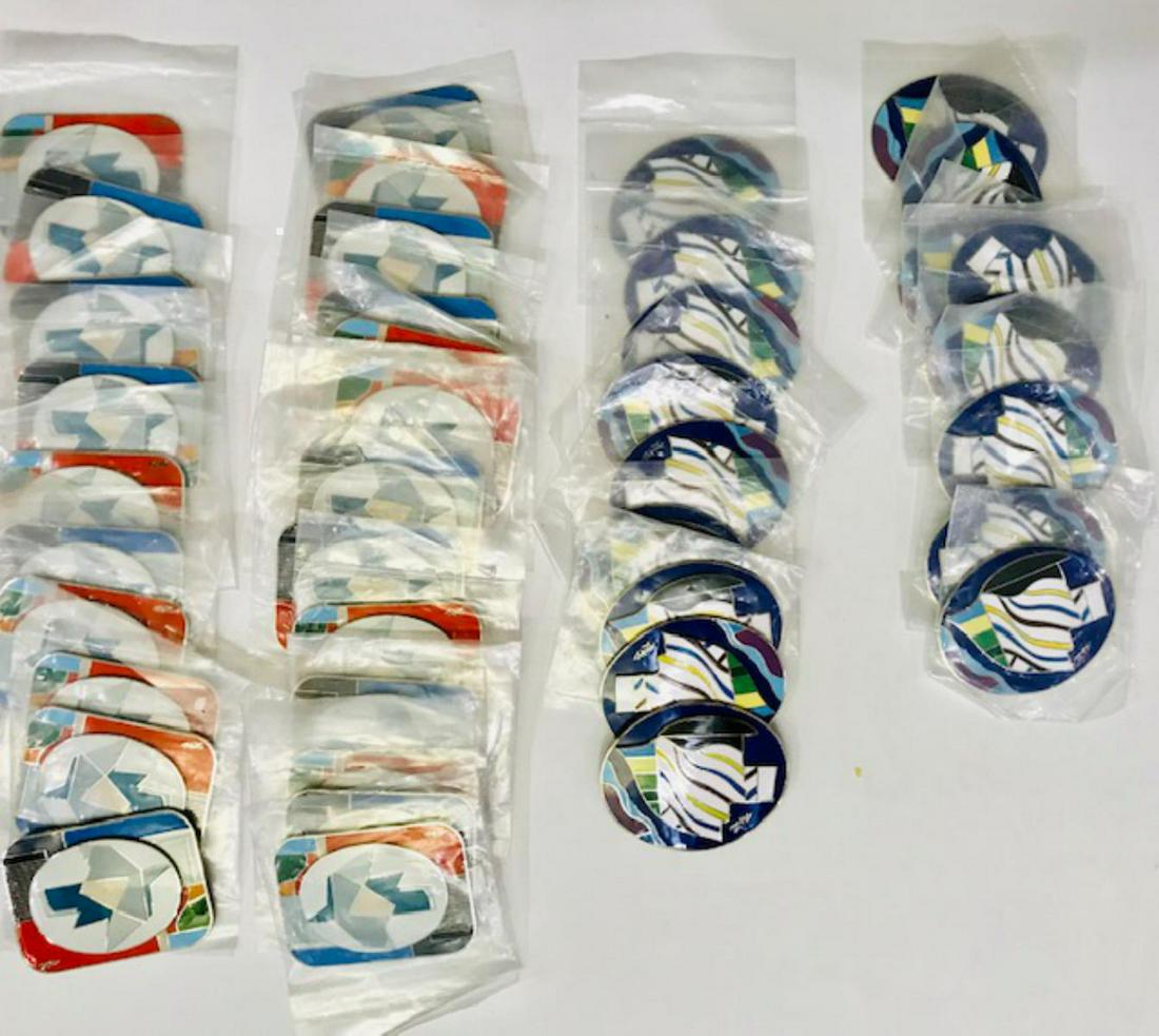 Max Papart Collection of 42 metal pins: Max Papart. Collection of 42 metal pins. each item measures 3x2 inches and will need pin to be affixed to the verso. Sold As is