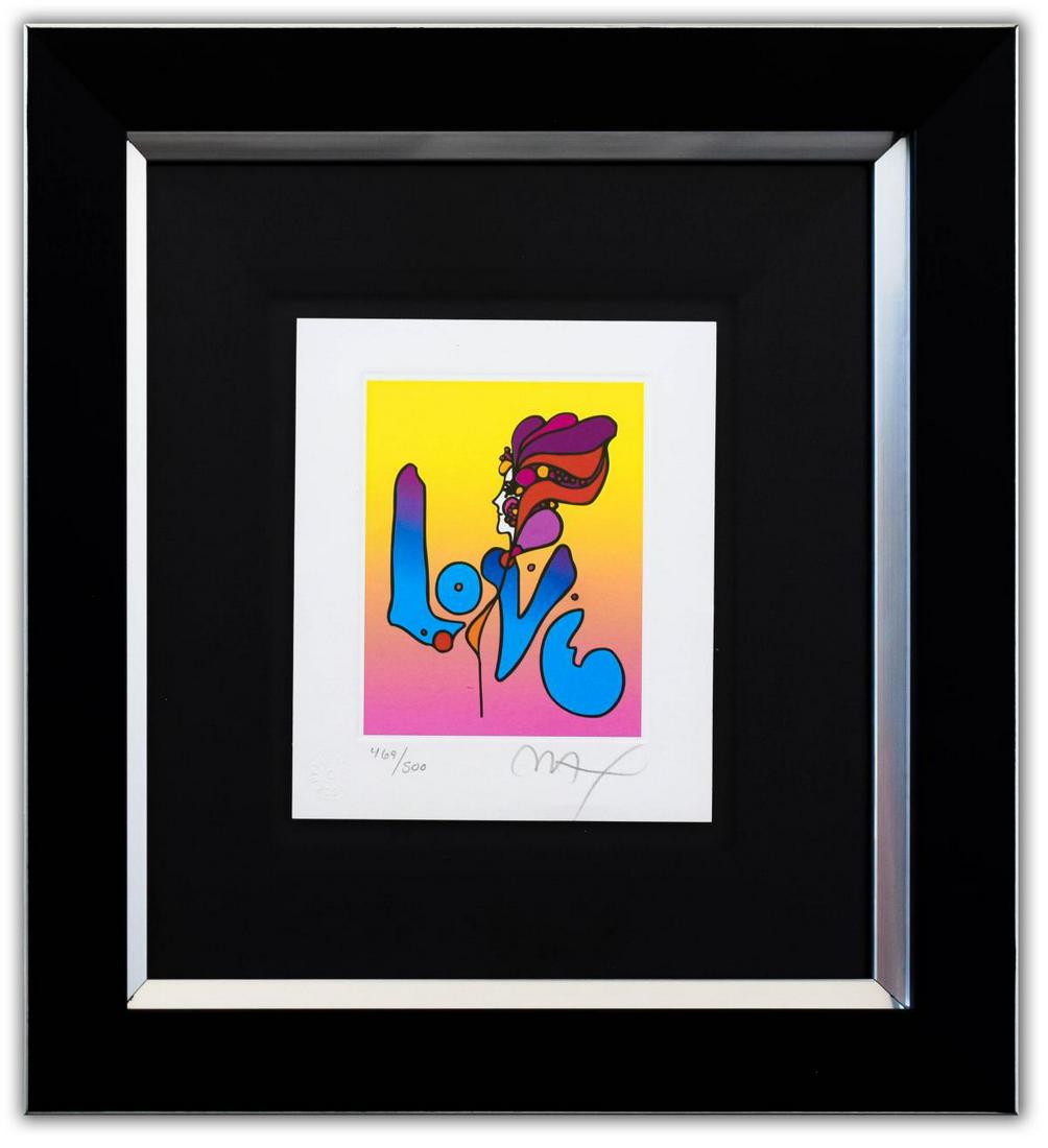 Peter Max- Original Lithograph "Love II (Mini)": Artist: Peter Max. Medium: Original Lithograph. Title: Love II (Mini). Size (Unframed): 7" x 6". Size (Framed): 15.5" x 14". Limited Edition: Numbered 469/500. Certificate of Authenticity: From Peter 