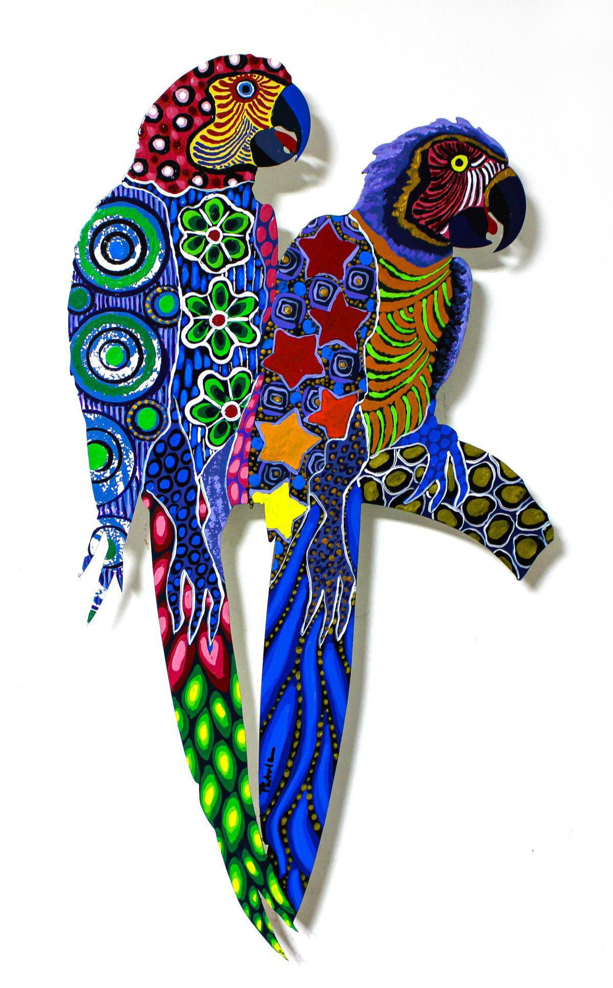 Patricia Govezensky- Original Painting on Laser Cut: Artist: Patricia Govezensky. Medium: Original Painting on Laser Cut Steel. Title: Two Parrots XXIV. Size (Unframed): 18" x 10". Certificate of Authenticity: From the publisher. Reference# 13656.