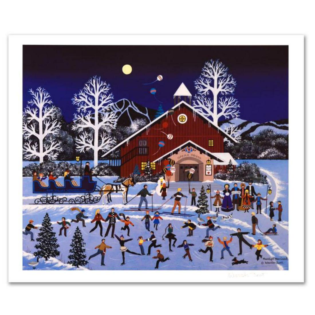 Jane Wooster Scott, "Moonlight Merriment" Hand Signed: Cozy, down-home images of a bygone era when life was simpler - this is the feeling captured in the creations of one of the world's most recognized artists. "Moonlight Merriment" is a limited edition l
