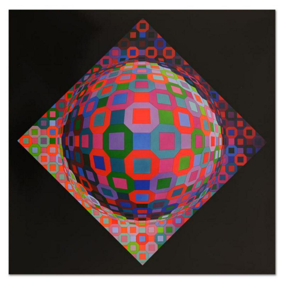 Victor Vasarely (1908-1997), "Planetary" Heliogravure: "Planetary" is a heliogravure print on paper from the Editions du Griffon (1974) by Victor Vasarely (1908-1997). This piece is titled inverso. Measures approx. 23.5" x 23.5" (image). Reference #: 2359