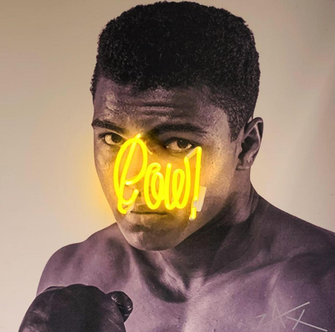 E.M. Zax Mixed Media one of a kind Neon light on Canvas: Artist: E.M. Zax. Medium: Mixed Media one of a kind Neon light on Canvas. Title: Ali- POW!. Signature: Hand Signed by the artist. Size: 34x34". Certificate of authenticity: Is Included. Reference# 300