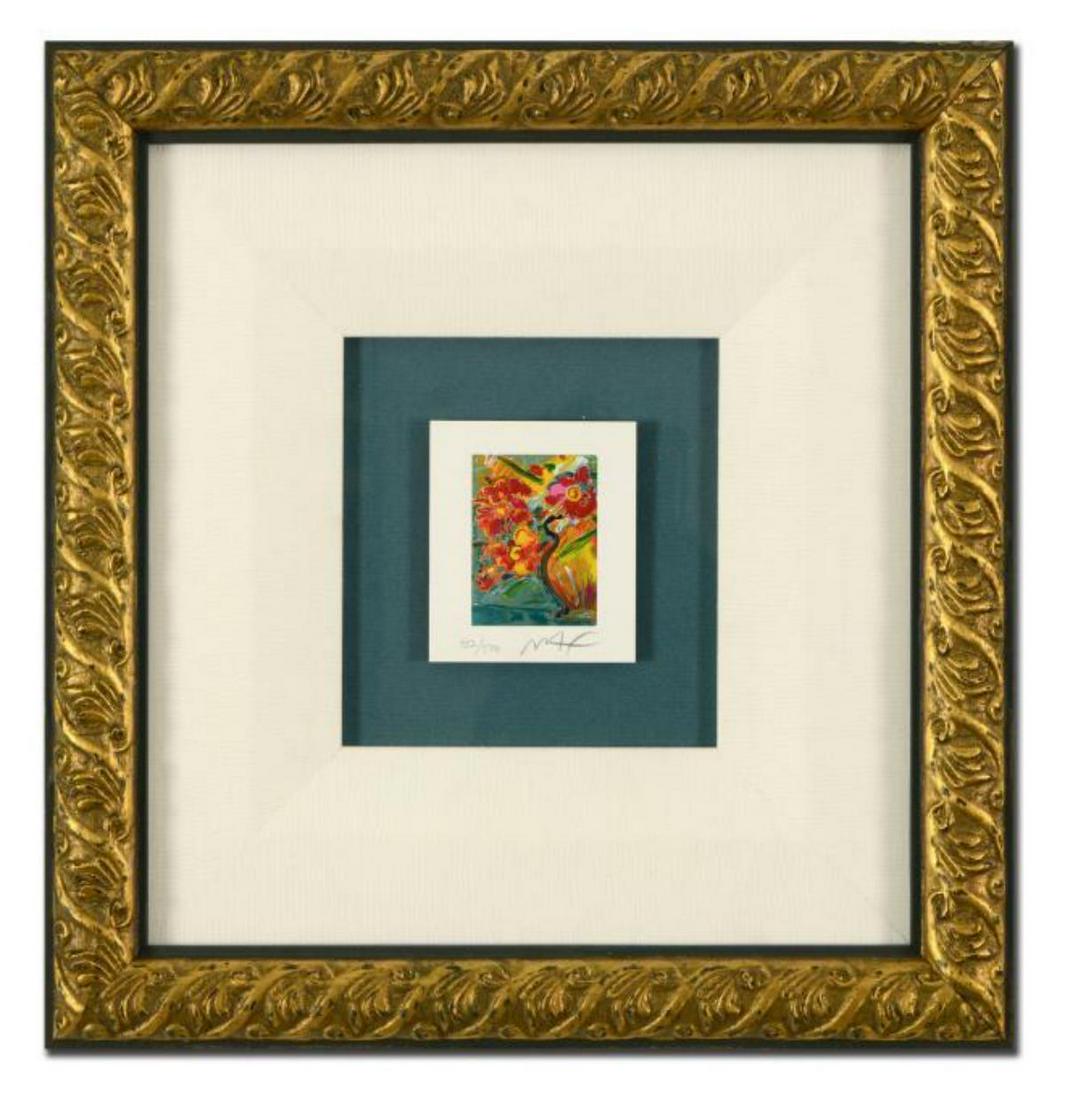 Peter Max Limited Edition Lithograph "Vase of Flowers: Artist: Peter Max. Medium: Limited Edition Lithograph. Title: Vase of Flowers X. Signature: Numbered 482/500 and Hand Signed. Size: 3.5x3". Frame Size: 14.5x14". Certificate of authenticity: Is includ