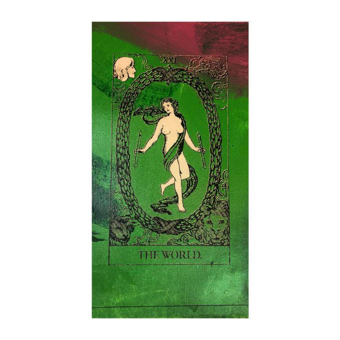 Steve Kaufman (1960-2010), "Tarot, The World" Hand: "Tarot, The World" is a limited edition hand pulled silkscreen mixed media on canvas by Andy Warhol protege Steve Kaufman (1960-2010). This piece is numbered and 4/50 and hand signed inverso. Includes