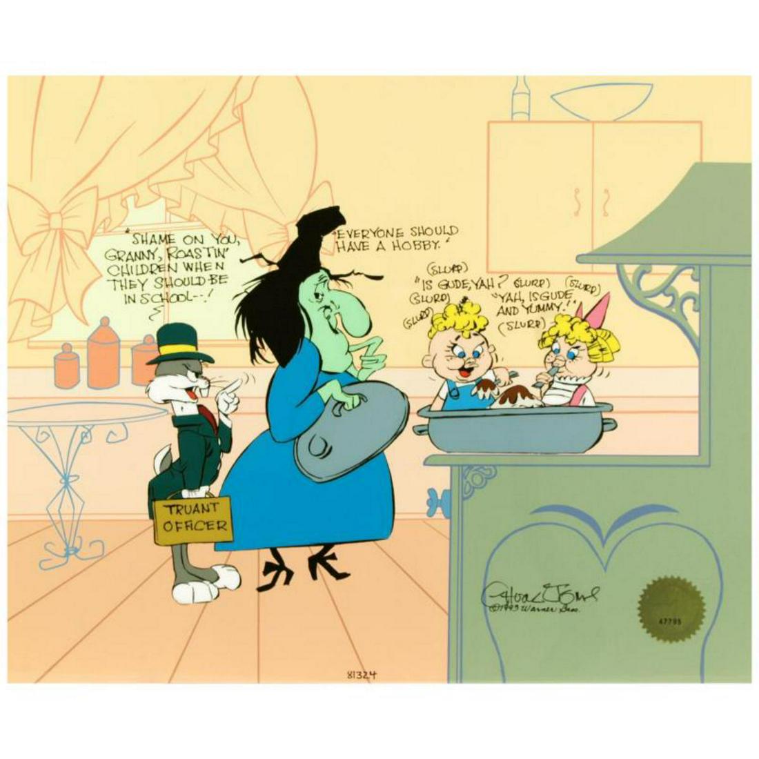 "Bugs and Witch Hazel: Truant Officer" Limited Edition: Own this amazing piece based on the original line image hand drawn and hand-inked on paper by Chuck Jones! "Bugs and Witch Hazel: Truant Officer" is a limited edition animation cel from a sold out edi
