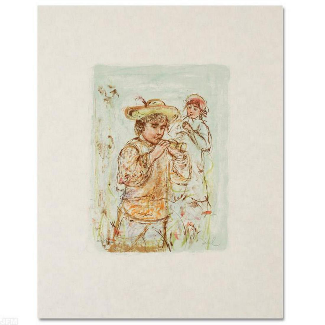 "Boy with Horn" Limited Edition Lithograph by Edna: "Boy with Horn" is a limited edition lithograph on rice paper, numbered and hand signed by Edna Hibel (1917-2014). Includes Certificate of Authenticity! Measures approx. 22" x 30" (with border), 11" x