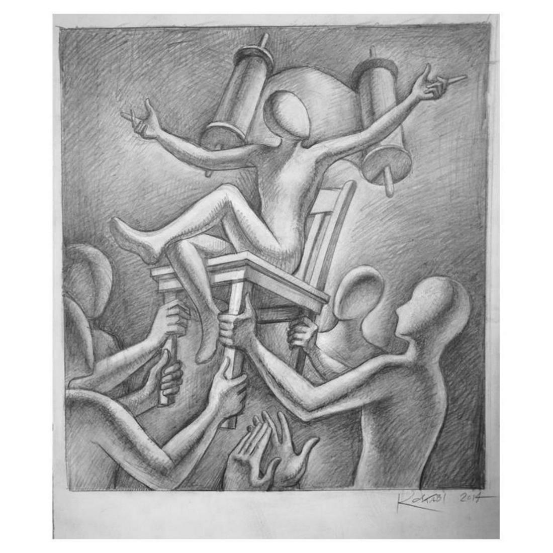 Mark Kostabi "Support System" Hand Signed Original: "Support System" is an original artwork, pencil on paper, by Mark Kostabi. The piece is hand signed and comes with a certificate of authenticity. Measures approximately13.5" x 11.5". Reference #: 2470