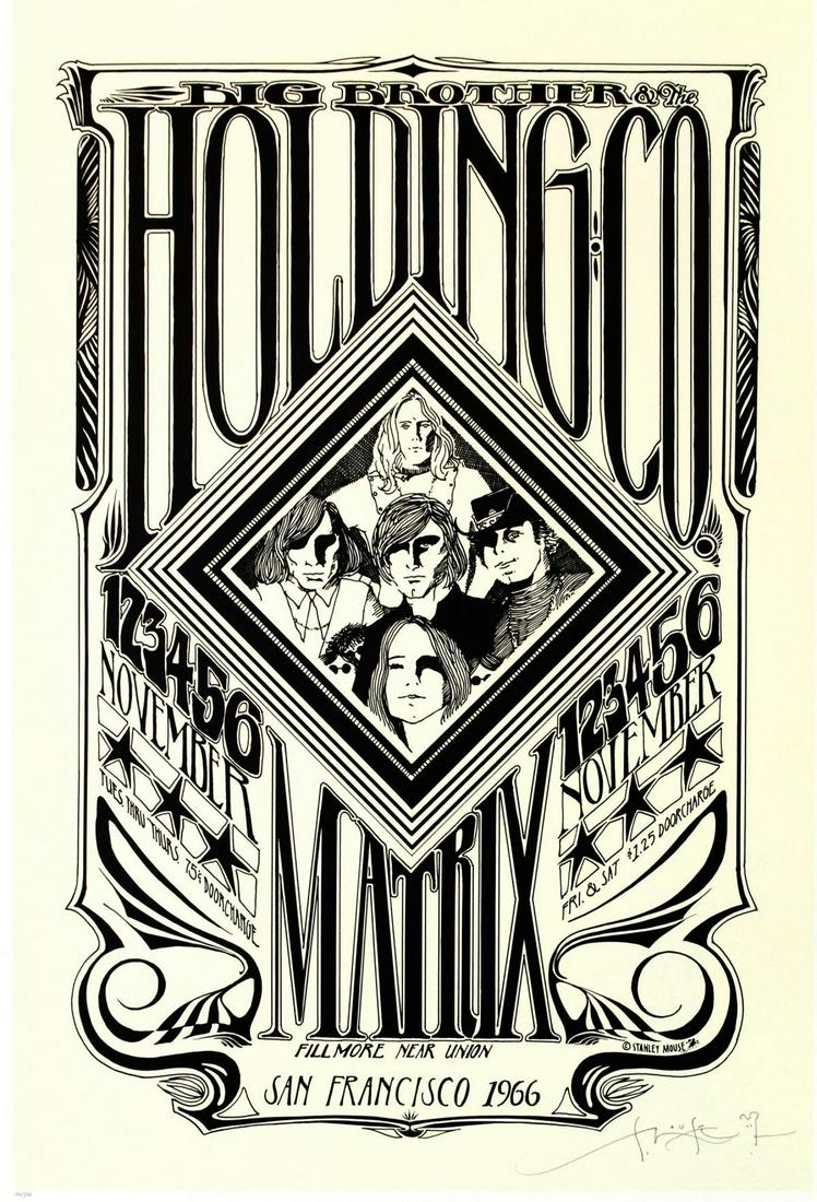 Stanley Mouse (b. 1940)- Hand Pulled Original: Artist: Stanley Mouse (b. 1940). Medium: Hand Pulled Original Lithograph. Title: Big Brother and Holding Company. Size (Unframed): 39.5" x 26.5". Certificate of Authenticity: Is Included. Additional: 