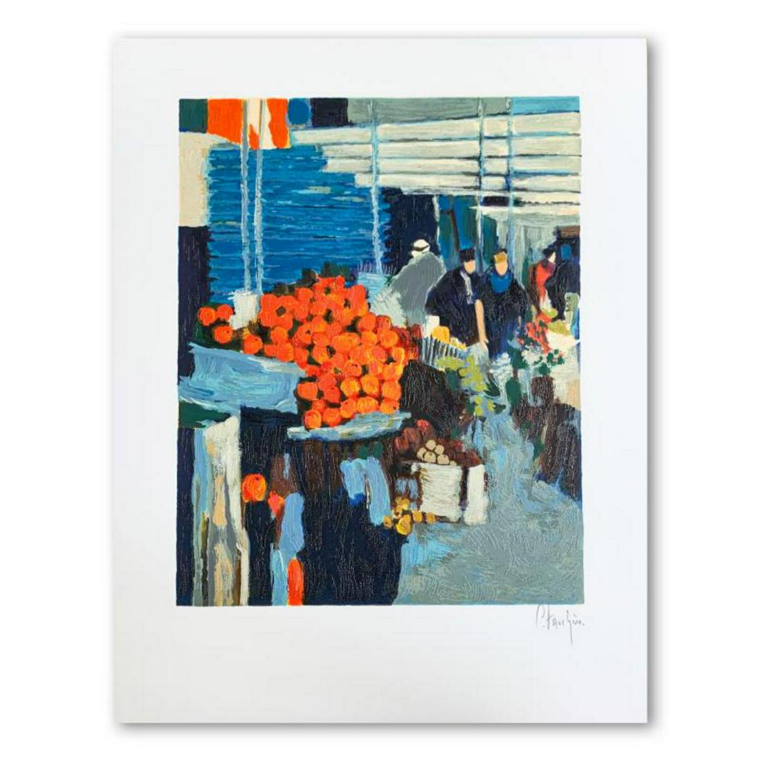 Claude Fauchere, "The Fruit Market" Hand Signed Limited: "The Fruit Market" is a limited edition serigraph on paper by Claude Fauchere. It is numbered and hand signed and includes a letter of authenticity. Measures approximately 15.5" x 11.5" (image). Refer