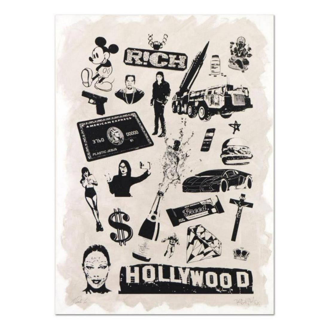 Padhia Avocado, "False Idols I: Plastic Jesus": "False Idols I: Plastic Jesus" is a one-of-a-kind hand painted silkscreen mixed media on canvas, hand signed by the artist. Includes Letter of Authenticity. Measures approx. Measures approx. 22" x 30"