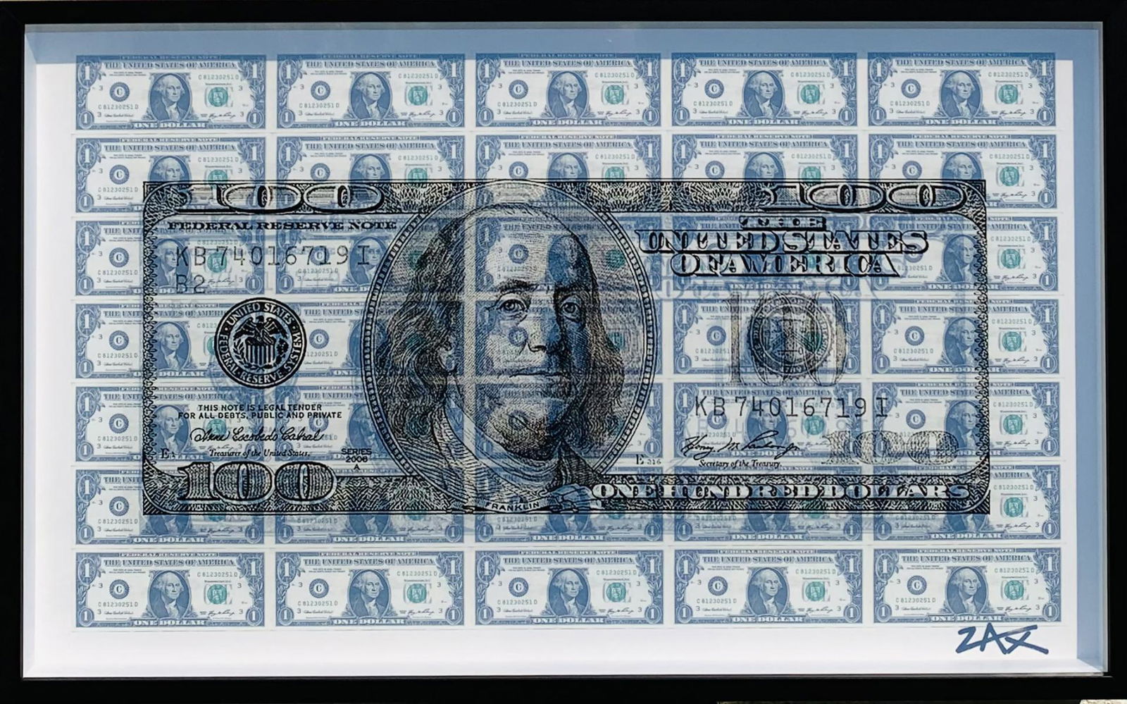 E.M. ZAX Mixed media 3D one of a kind wall sculpture: Artist: E.M. ZAX . Medium: Mixed media 3D one of a kind wall sculpture . Title: From $1 to $100. Signature: hand signed by the artist. Frame Size: 20X30X2". Certificate of authenticity: Is included. R