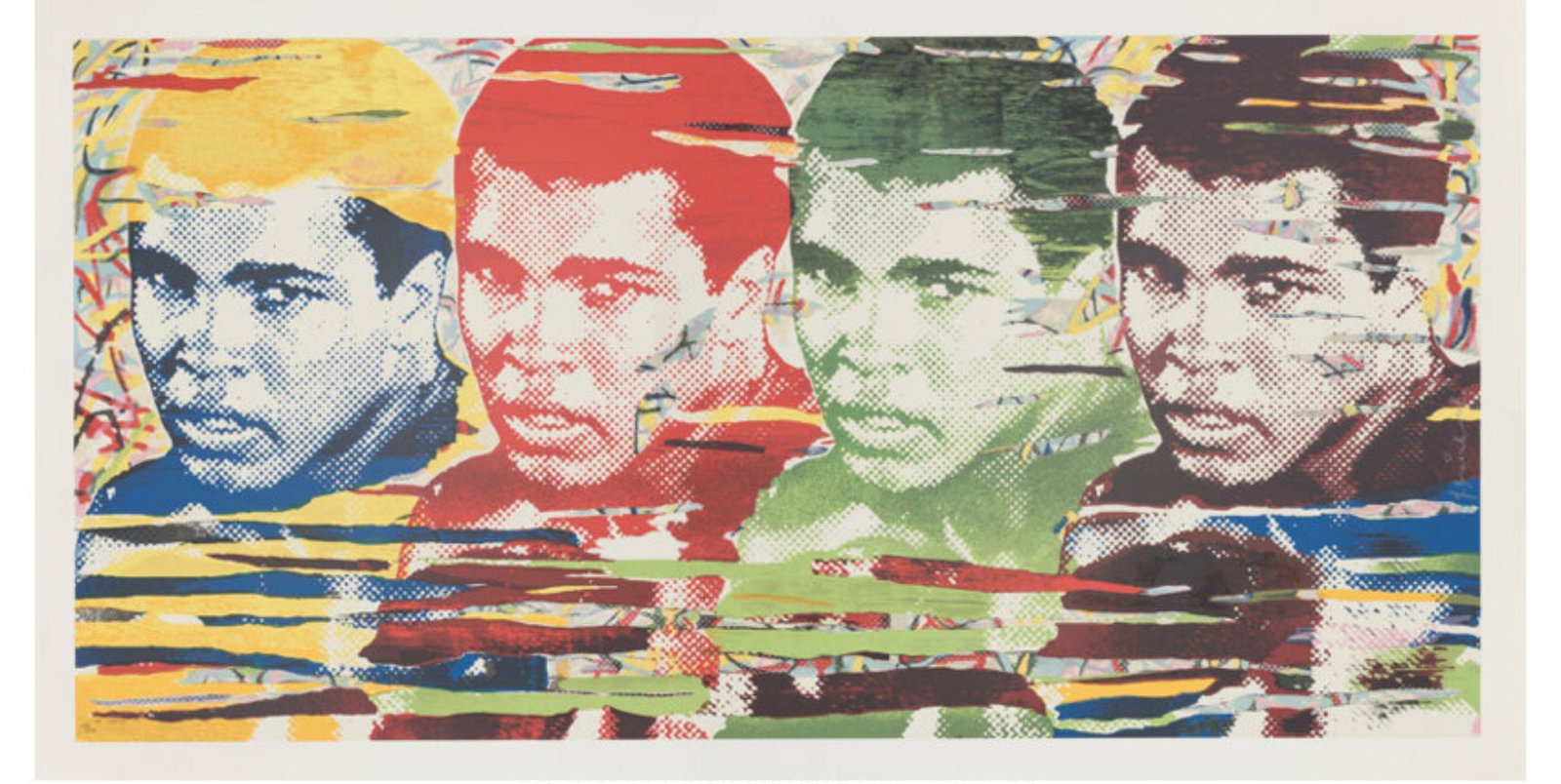 Mr. Brainwash Screenprint in colors on hand torn: Artist: Mr. Brainwash. Medium: Screenprint in colors on hand torn archival paper. Title: The Greatest, 2014. Signature: Signed and numbered in pencil. Size: 37X70". Additional: Signed and numbered in 
