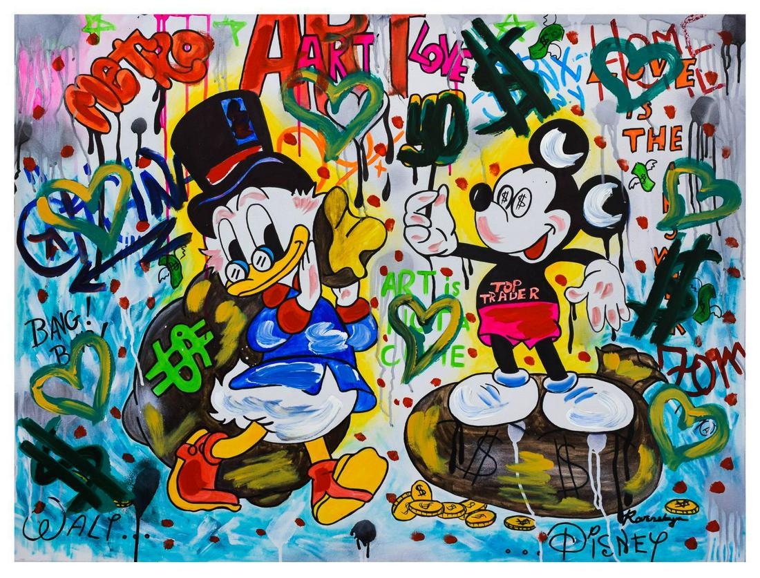 Nastya Rovenskaya- Mixed Media "It's All About Money": Artist: Nastya Rovenskaya. Medium: Mixed Media. Title: It's All About Money. Size (Unframed): 30" x 40". Certificate of Authenticity: From the publisher. Reference# 13487.
