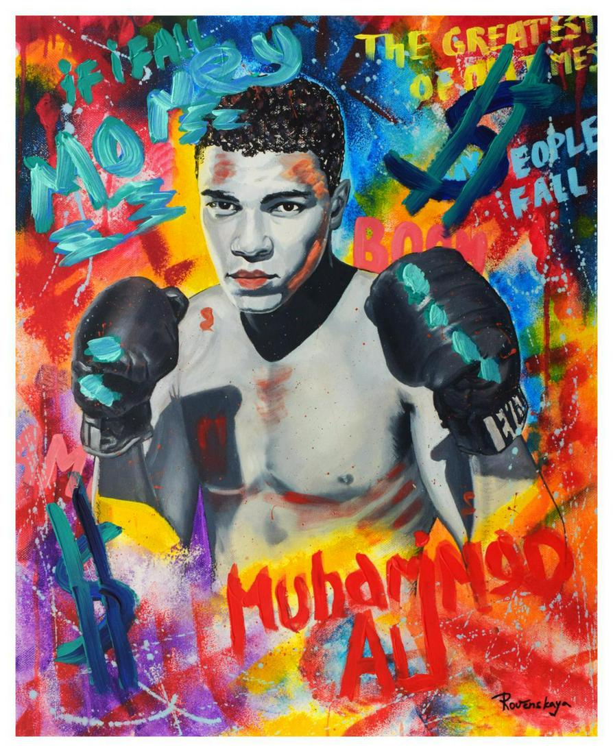 Nastya Rovenskaya- Mixed Media "Ali The Greatest": Artist: Nastya Rovenskaya. Medium: Mixed Media. Title: Ali The Greatest. Size (Unframed): 30" x 24". Certificate of Authenticity: From the publisher. Reference# 13104.