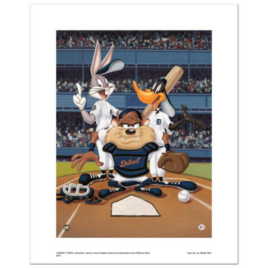 "At the Plate (Tigers)" Numbered Limited Edition Giclee: "At the Plate (Tigers)" is a limited edition giclee on paper from Warner Bros. featuring iconic Looney Tunes characters in Detroit Tigers MLB uniforms. It comes numbered, with hologram seal, and a Cer