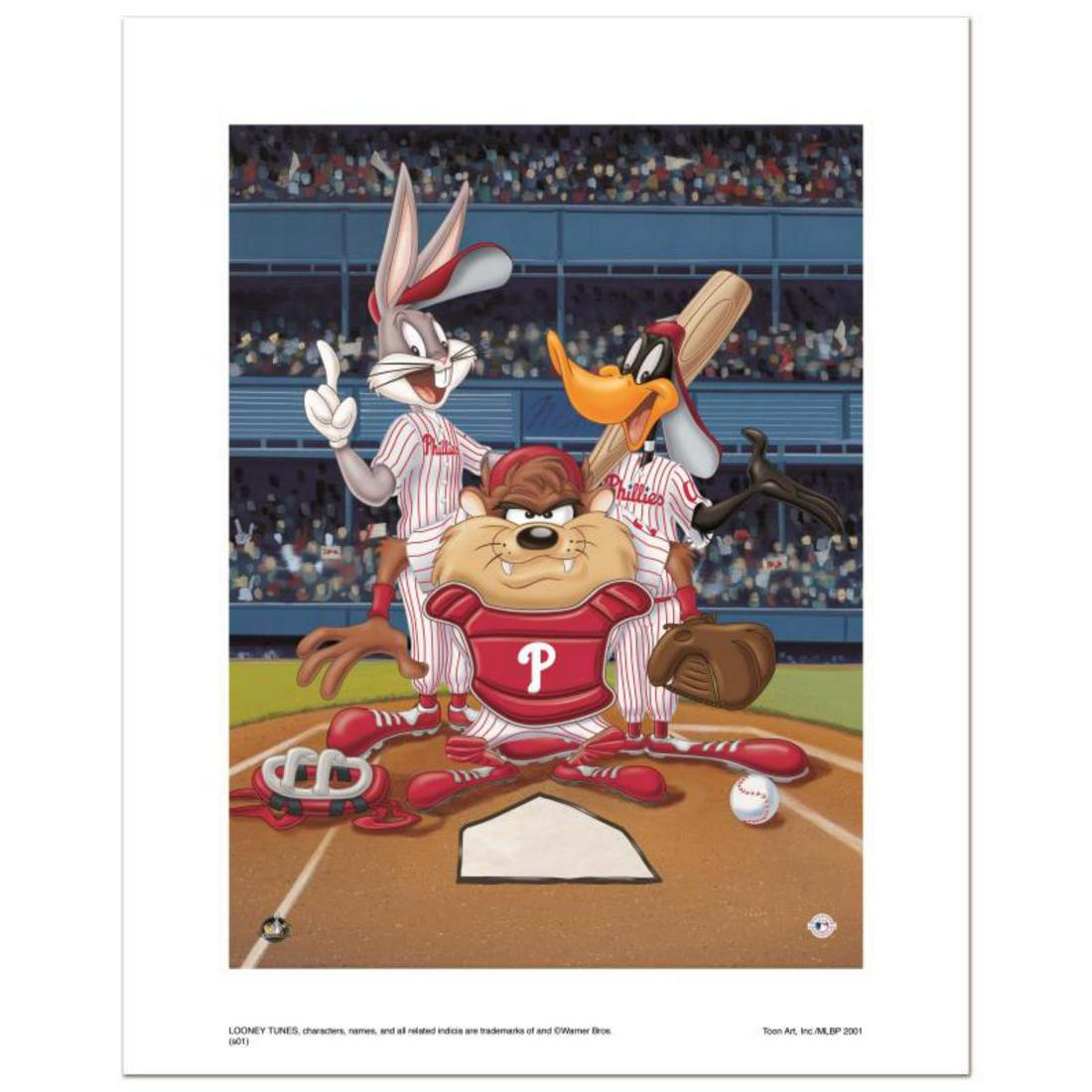 "At the Plate (Phillies)" Numbered Limited Edition: "At the Plate (Phillies)" is a limited edition giclee on paper from Warner Bros. featuring iconic Looney Tunes characters in Philadelphia Phillies MLB uniforms. It comes numbered, with hologram seal, 