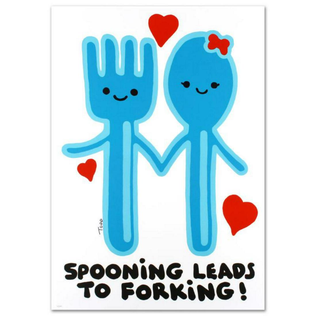 "Spooning Leads to Forking" Limited Edition Lithograph: Pop artist Todd Goldman is known all across the globe for his whip-smart and wickedly funny puns and pictures! "Spooning Leads to Forking" is a limited edition lithograph on paper, numbered and hand s