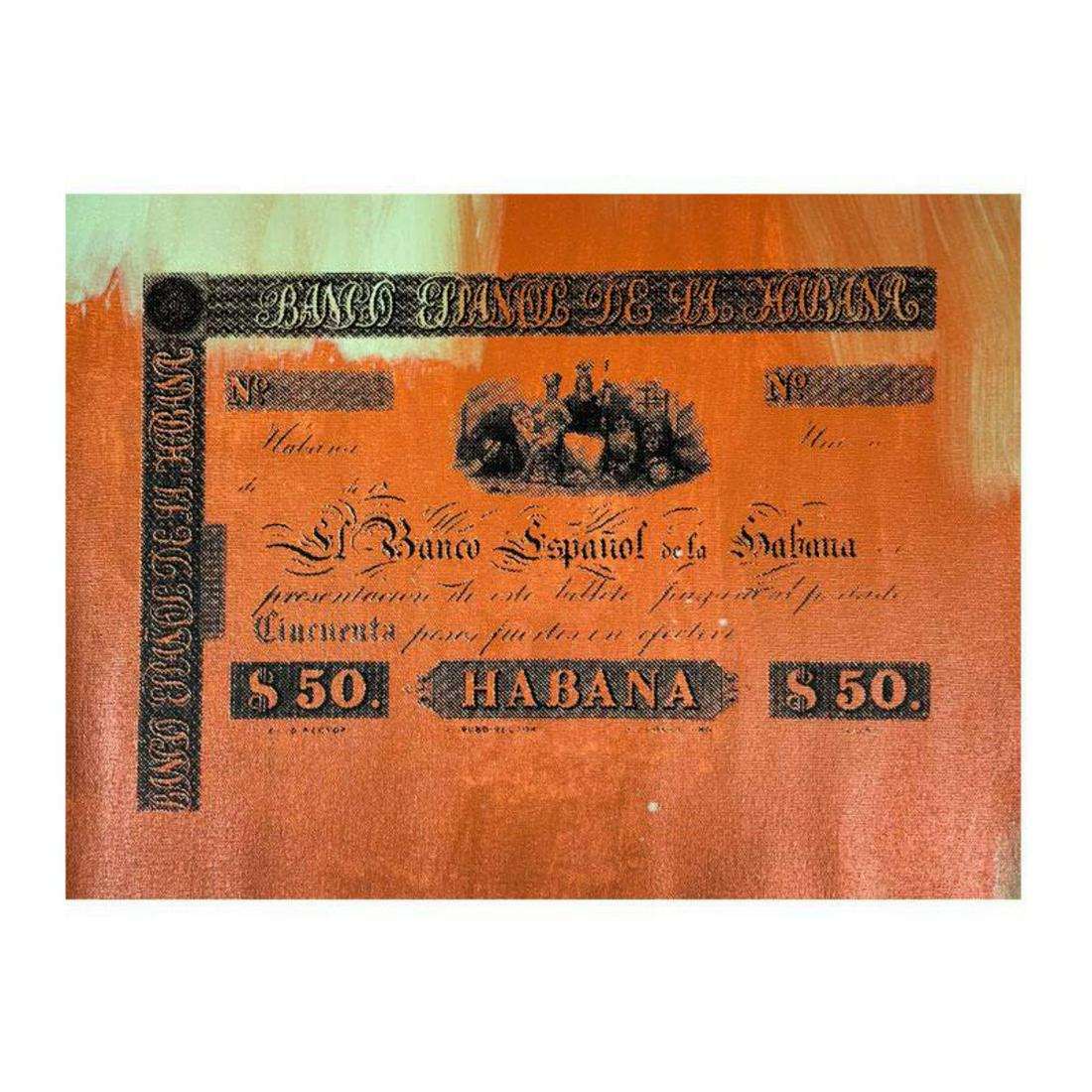 Steve Kaufman (1960-2010) "Banco Espanol de la Habana": "Banco Espanol de la Habana" is a limited edition hand pulled silkscreen mixed media on canvas by Andy Warhol protege Steve Kaufman (1960-2010). This piece is numbered and 7/50 and hand signed inverso