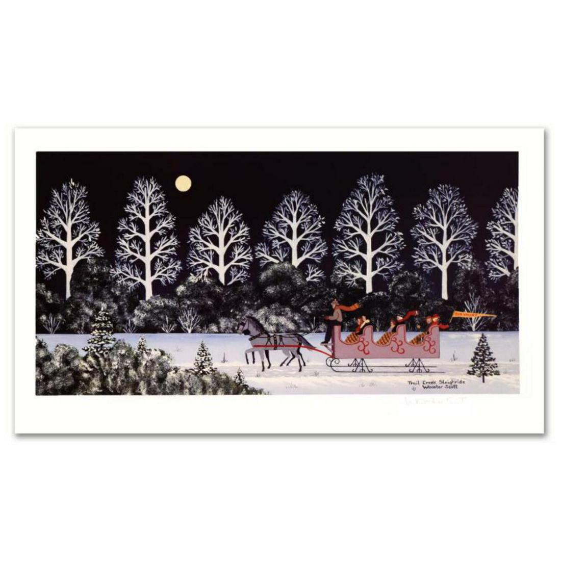 Jane Wooster Scott, "Trail Creek Sleigh Ride" Hand: Cozy, down-home images of a bygone era when life was simpler - this is the feeling captured in the creations of one of the world's most recognized artists. "Trail Creek Sleigh Ride" is a limited editi