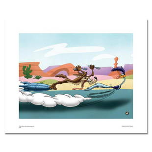 "Desert Chase" Numbered Limited Edition Giclee from: "Desert Chase" is a limited edition giclee on paper from Warner Bros. featuring the Looney Tunes characters Wile E Coyote and Road Runner. It comes numbered, with hologram seal, and a Certificate of A