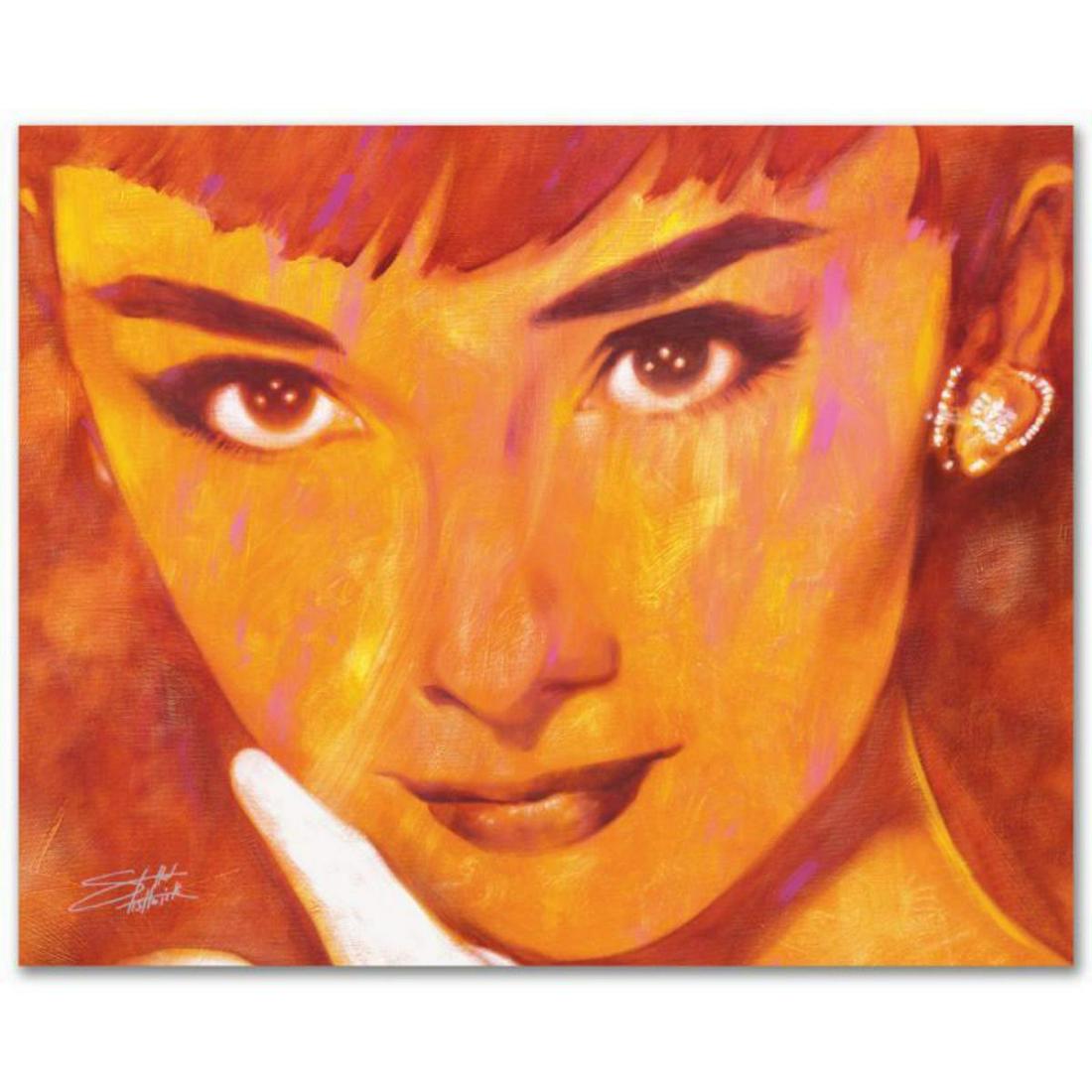"Audrey Too" Limited Edition Giclee on Canvas by: With bright colors and expressive lines, Stephen Fishwick puts a unique spin on pop culture portraits. "Audrey Too" is a limited edition giclee on stretched canvas, numbered and bears the artist's aut