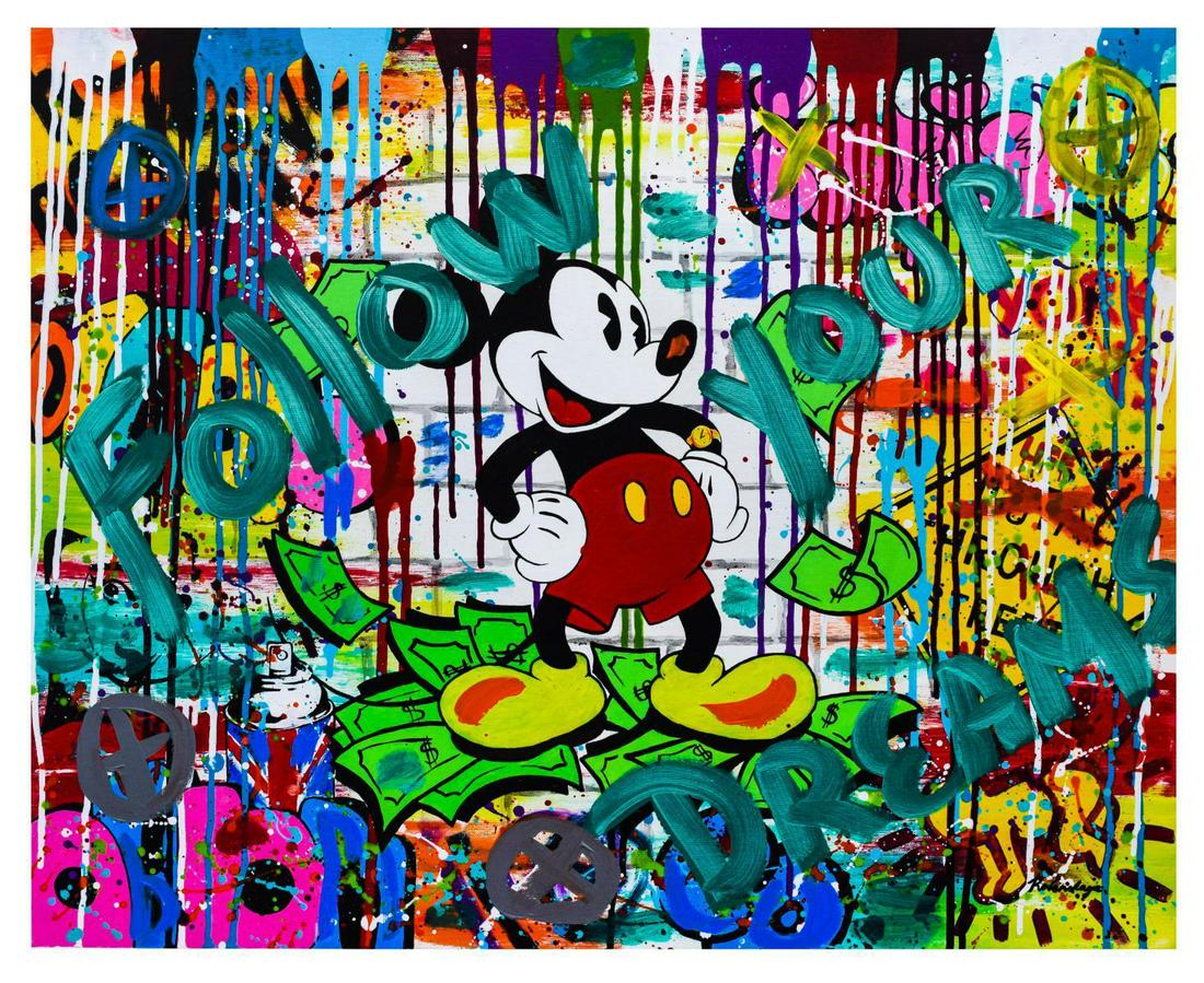 Nastya Rovenskaya- Mixed Media "Mr. Dollar Bill": Artist: Nastya Rovenskaya. Medium: Mixed Media. Title: Mr. Dollar Bill. Size (Unframed): 24" x 30". Certificate of Authenticity: From the publisher. Reference# 13771.