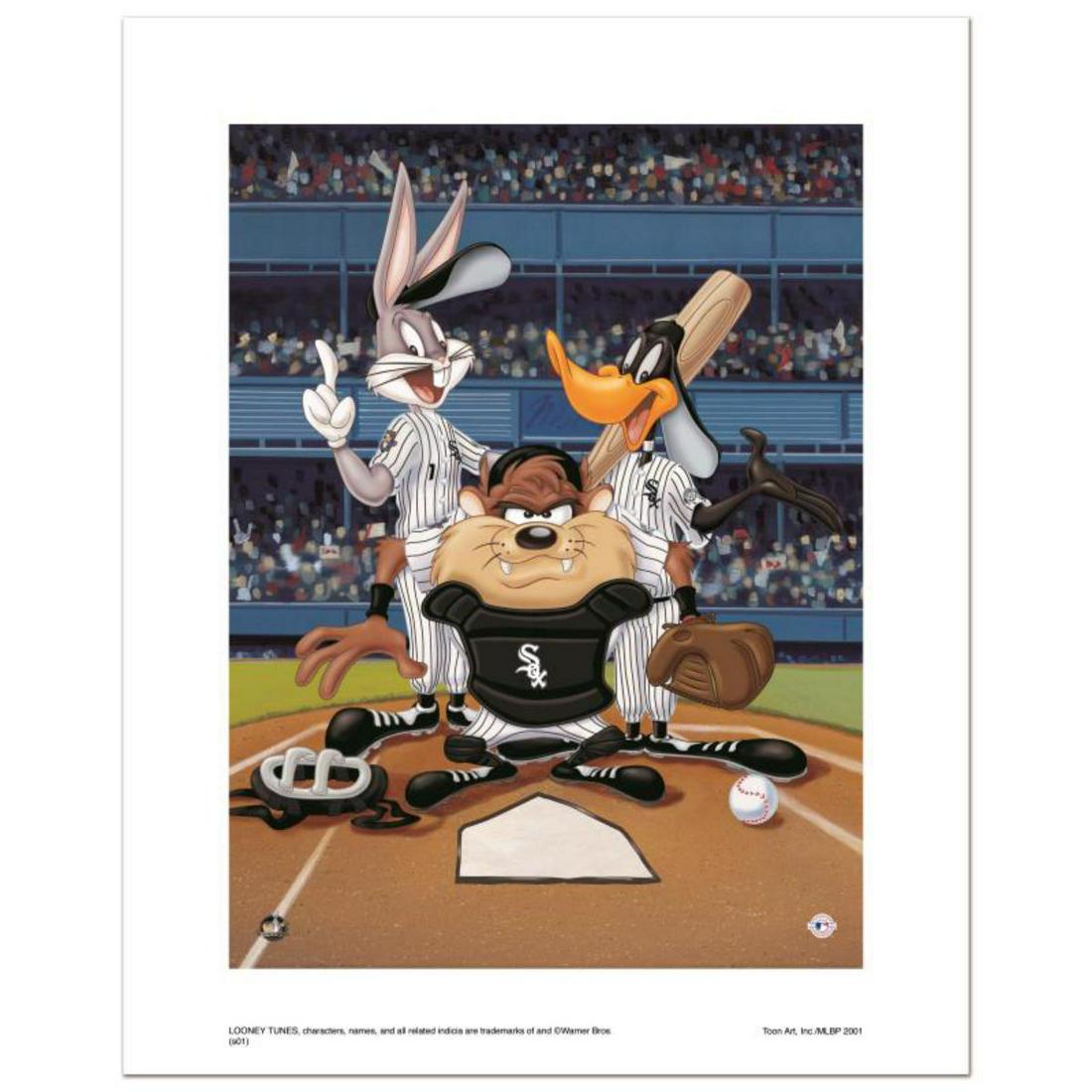 "At the Plate (White Sox)" Numbered Limited Edition: "At the Plate (White Sox)" is a limited edition giclee on paper from Warner Bros. featuring iconic Looney Tunes characters in Chicago White Sox MLB uniforms. It comes numbered, with hologram seal, and