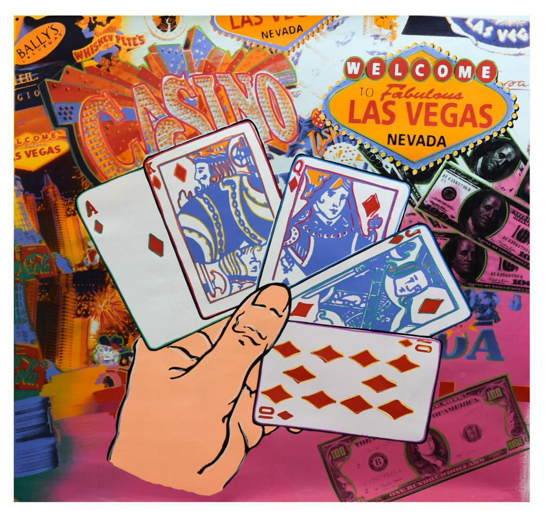 Steve Kaufman- Hand Painted One-of-a-Kind Mixed Media: Artist: Steve Kaufman. Medium: Hand Painted One-of-a-Kind Mixed Media on Canvas. Title: Royal Flush. Size (Unframed): 36" x 36". Certificate of Authenticity: Is included. Reference# 12512.
