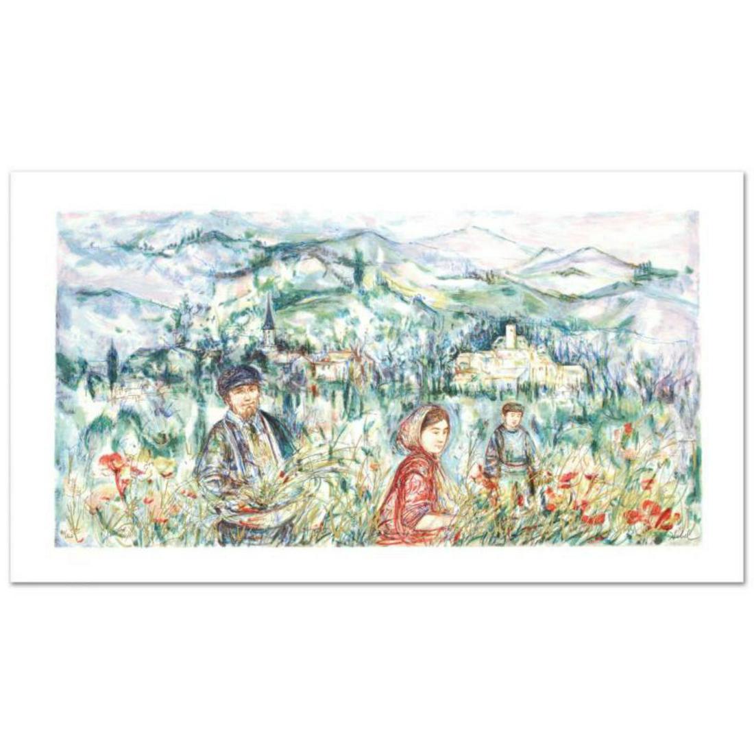 "The Flower Harvest" Limited Edition Lithograph by Edna: "The Flower Harvest" is a limited edition lithograph on paper, numbered and hand signed by Edna Hibel (1917-2014). Includes Certificate of Authenticity! Measures approx. 28.5" x 16" (with border), 25"