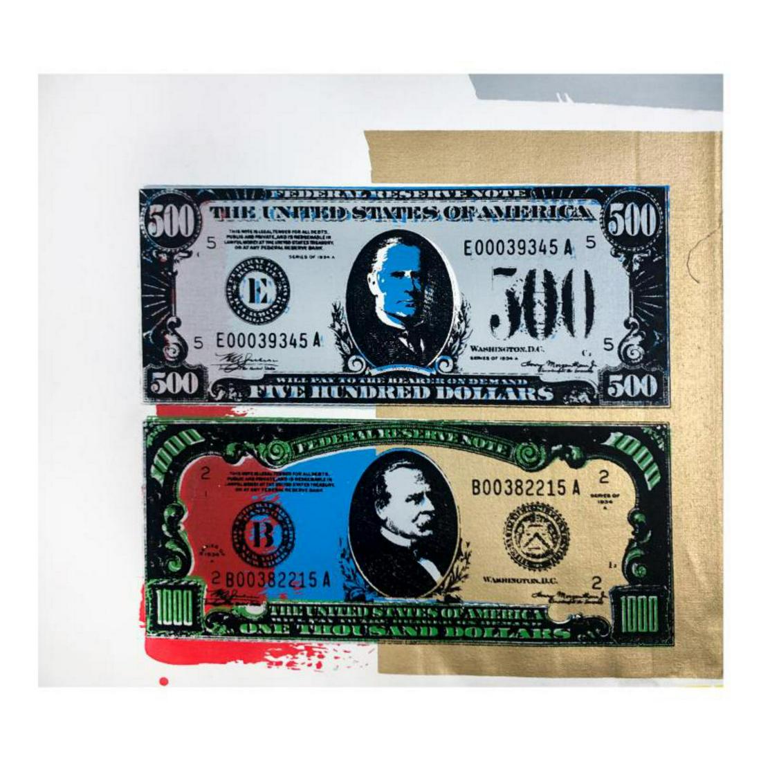 Steve Kaufman (1960-2010) "500 and 1000 Dollar Bills" (1 of 2)