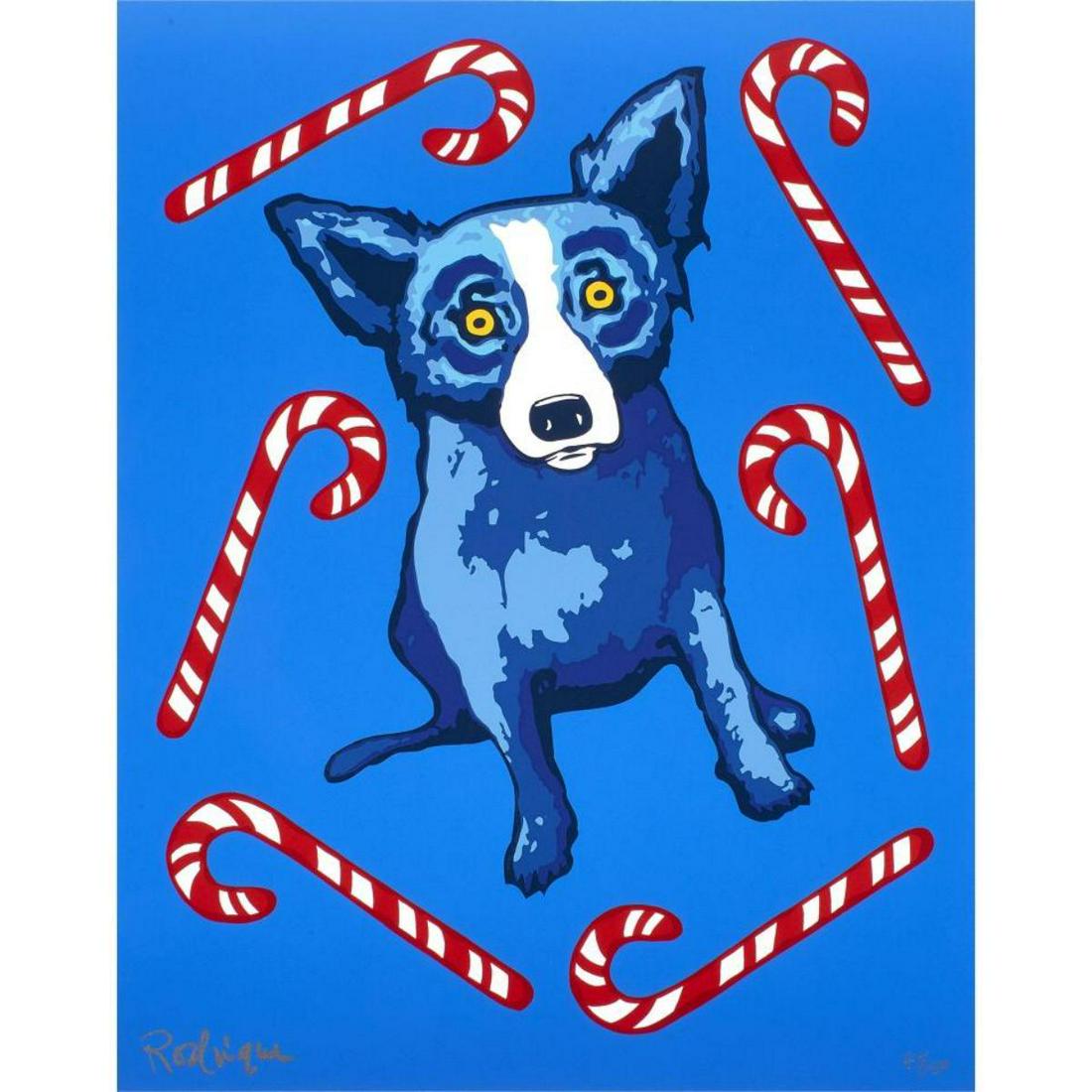George Rodrigue screenprint "Blue Dog with Candy Canes": Artist: George Rodrigue. Medium: screenprint. Title: Blue Dog with Candy Canes. Signature: Hand signed and numbered . Size: 22X18". Reference# 30890.