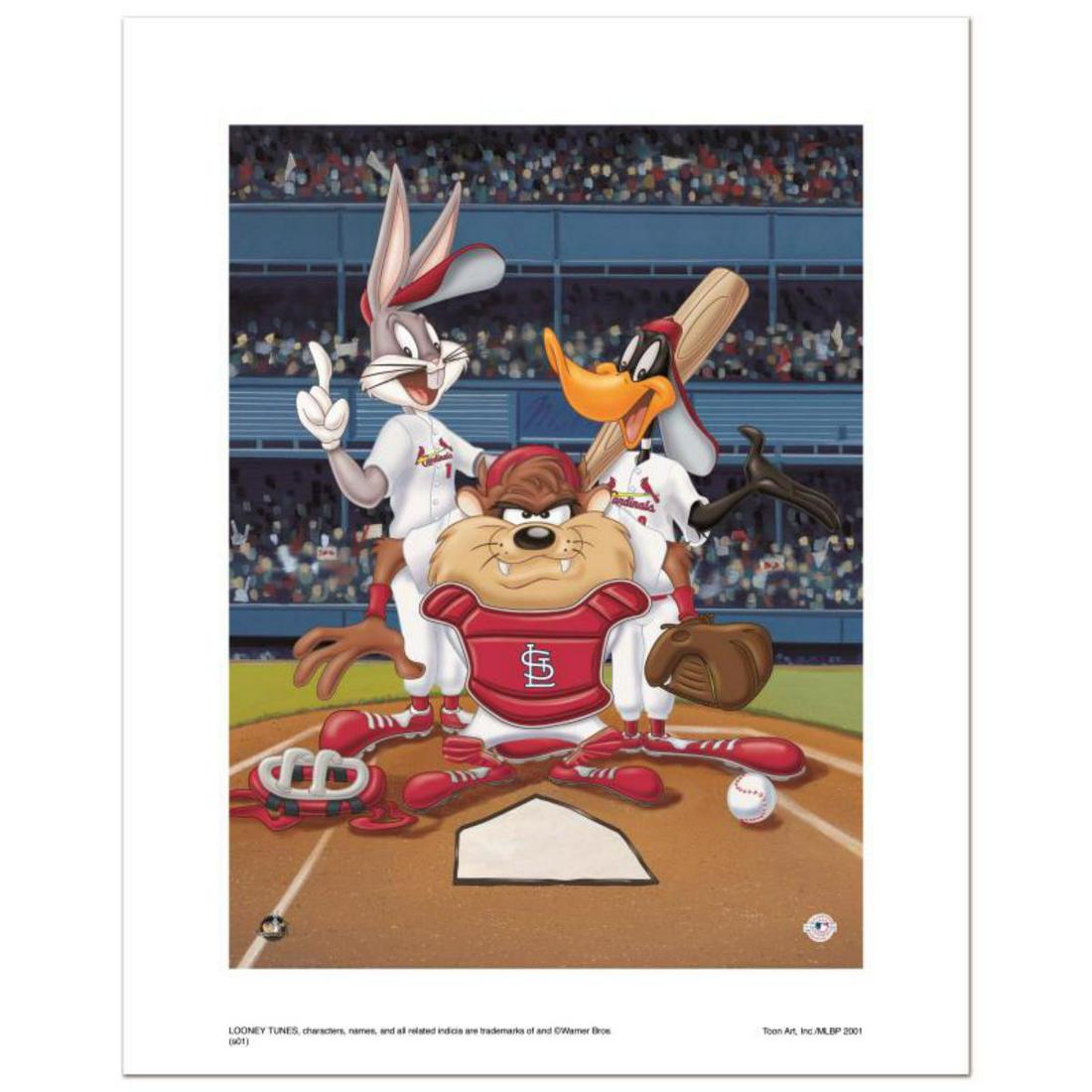 "At the Plate (Cardinals)" Numbered Limited Edition: "At the Plate (Cardinals)" is a limited edition giclee on paper from Warner Bros. featuring iconic Looney Tunes characters in St. Louis Cardinals MLB uniforms. It comes numbered, with hologram seal, a