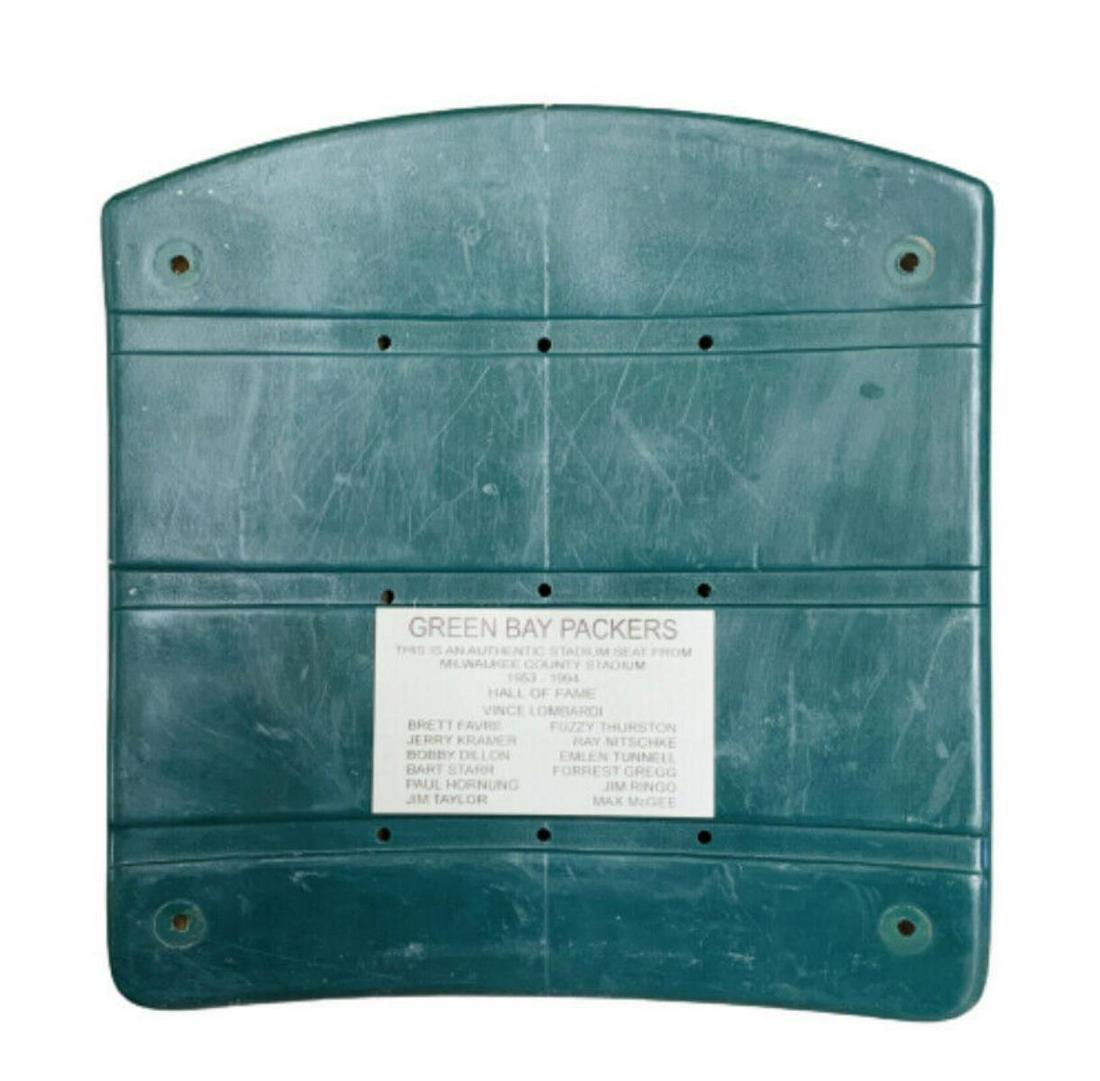 ORIGINAL SEAT BACK FROM GREEN BAY PACKERS - MILWAUKEE: Artist: . Medium: ORIGINAL SEAT BACK FROM GREEN BAY PACKERS - MILWAUKEE COUNTY STADIUM WITH PLAQUE 1953 - 1994. Title: . Size: 24x18". Reference# 31061.