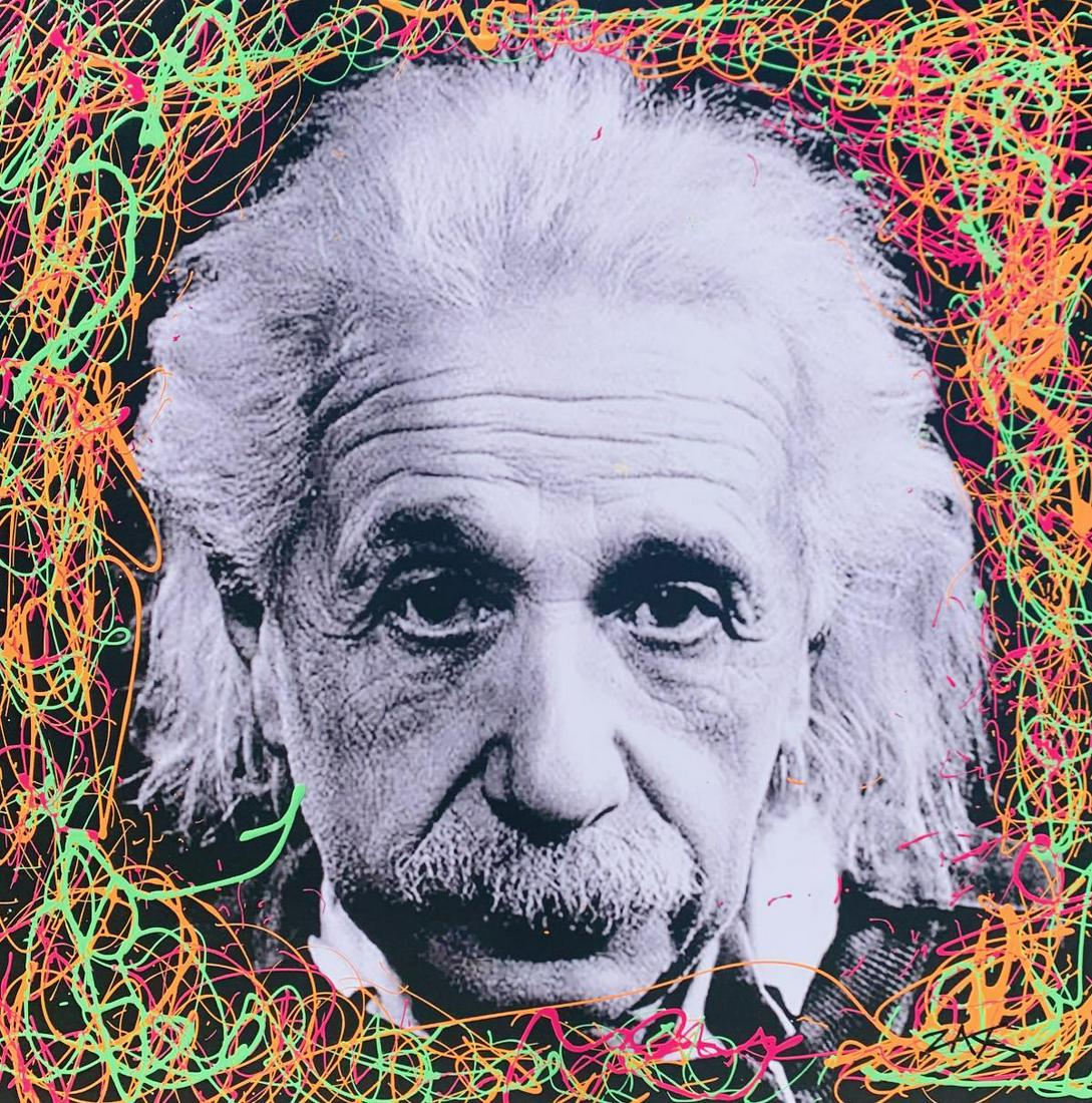 E.M. ZAX Mixed media one of a kind on canvas: Artist: E.M. ZAX . Medium: Mixed media one of a kind on canvas . Title: Einstein . Signature: Hand signed. Size: 34X34". Certificate of authenticity: Certificate of Authenticity is included. Reference