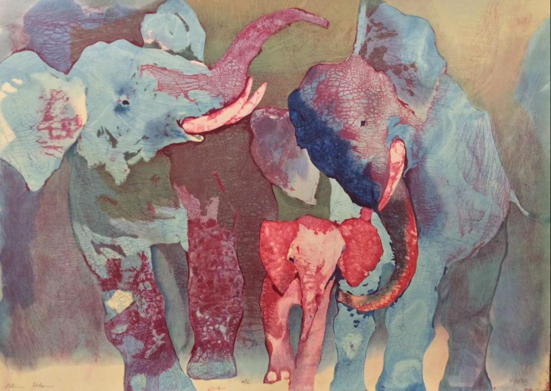 Edwin Salomon- Original Serigraph "Elephant Family": Artist: Edwin Salomon. Medium: Original Serigraph. Title: Elephant Family. Size (Unframed): 29" x 40". Certificate of Authenticity: From the publisher.