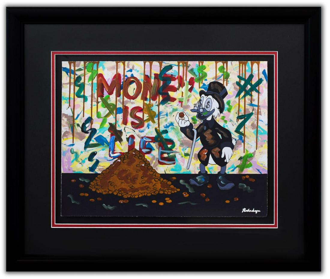 Nastya Rovenskaya- Original Mixed Media on Paper "Money: Artist: Nastya Rovenskaya. Medium: Original Mixed Media on Paper. Title: Money is Life. Size (Unframed): 16" x 20". Size (Framed): 25" x 20". Certificate of Authenticity: From the publisher. Additiona