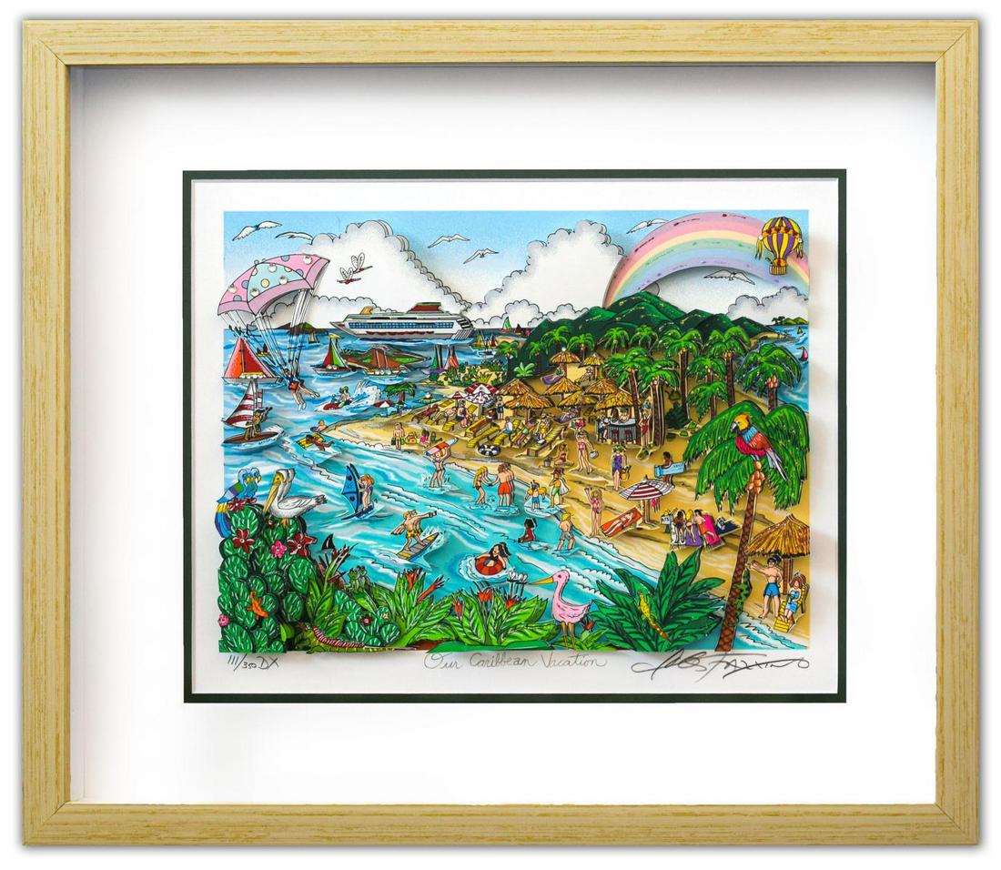 Charles Fazzino- 3D Construction Silkscreen Serigraph: Artist: Charles Fazzino. Medium: 3D Construction Silkscreen Serigraph. Title: Our Caribbean Vacation. Size (Unframed): 12" x 14". Size (Framed): 20" x 22.5". Limited Edition: Edition of 350 DX. Certif