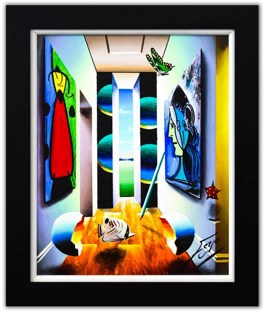 Ferjo- Original Oil on Canvas "Hallway to Garden: Artist: Ferjo. Medium: Original Oil on Canvas. Title: Hallway to Garden Wanderers. Size (Unframed): 20" x 16". Size (Framed): 24.5" x 20.5". Certificate of Authenticity: Is included. Additional: Custo