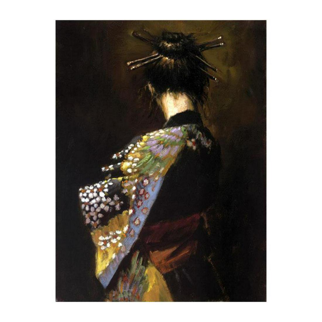 Fabian Perez, "Geisha" Hand Textured Limited Edition: "Geisha" is a hand textured limited edition giclee on stretched canvas by Fabian Perez. The piece is numbered and hand signed. Includes a certificate of authenticity. Measures approximately 26.6" x 20