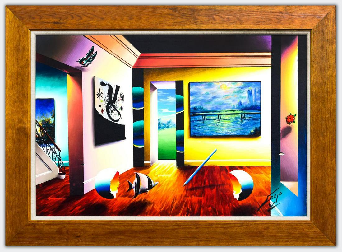 Ferjo- Original Oil on Canvas "Sun Over Bridge": Artist: Ferjo. Medium: Original Oil on Canvas. Title: Sun Over Bridge. Size (Unframed): 24" x 36". Size (Framed): 32" x 44". Certificate of Authenticity: Is included. Additional: Custom framed. Refere