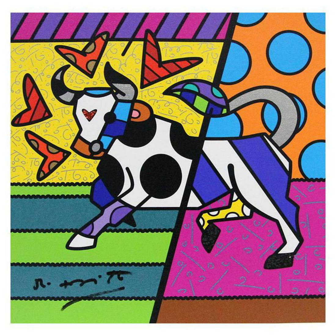 Britto, "Taurus" Hand Signed Limited Edition Giclee on: "Taurus" is a limited edition giclee on canvas by Romero Britto. The piece is numbered, hand signed by the artist, and comes with a Certificate of Authenticity. Measures approximately: 11" x 11". This