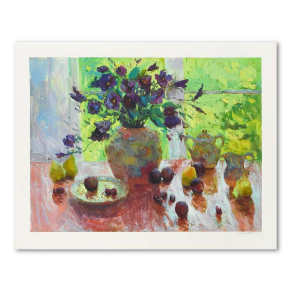 S. Burkett Kaiser, "Backlit Bouquet with Plums" Limited: "Backlit Bouquet with Plums" is a limited edition giclee on paper by S. Burkett Kaiser, numbered and hand signed by the artist. Includes Letter of Authenticity. Measures approx. 41" x 32.5" (border), 
