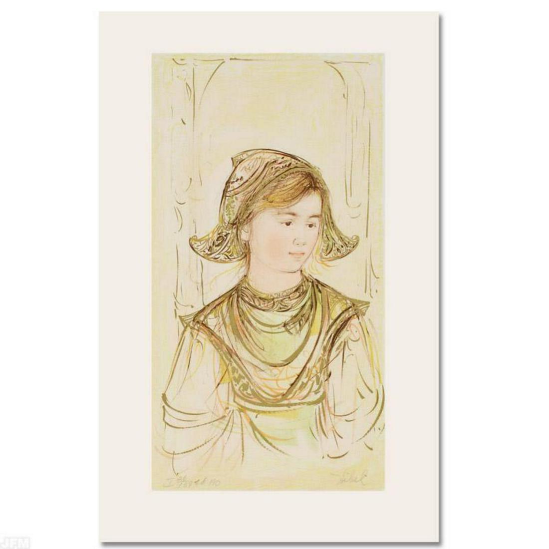 "Helen" Limited Edition Lithograph by Edna Hibel,: Wild lines and muted colors make Edna Hibel's art stand out in any room. "Helen" is a limited edition lithograph on paper, numbered and hand signed by Hibel. Includes Certificate of Authenticity! Meas