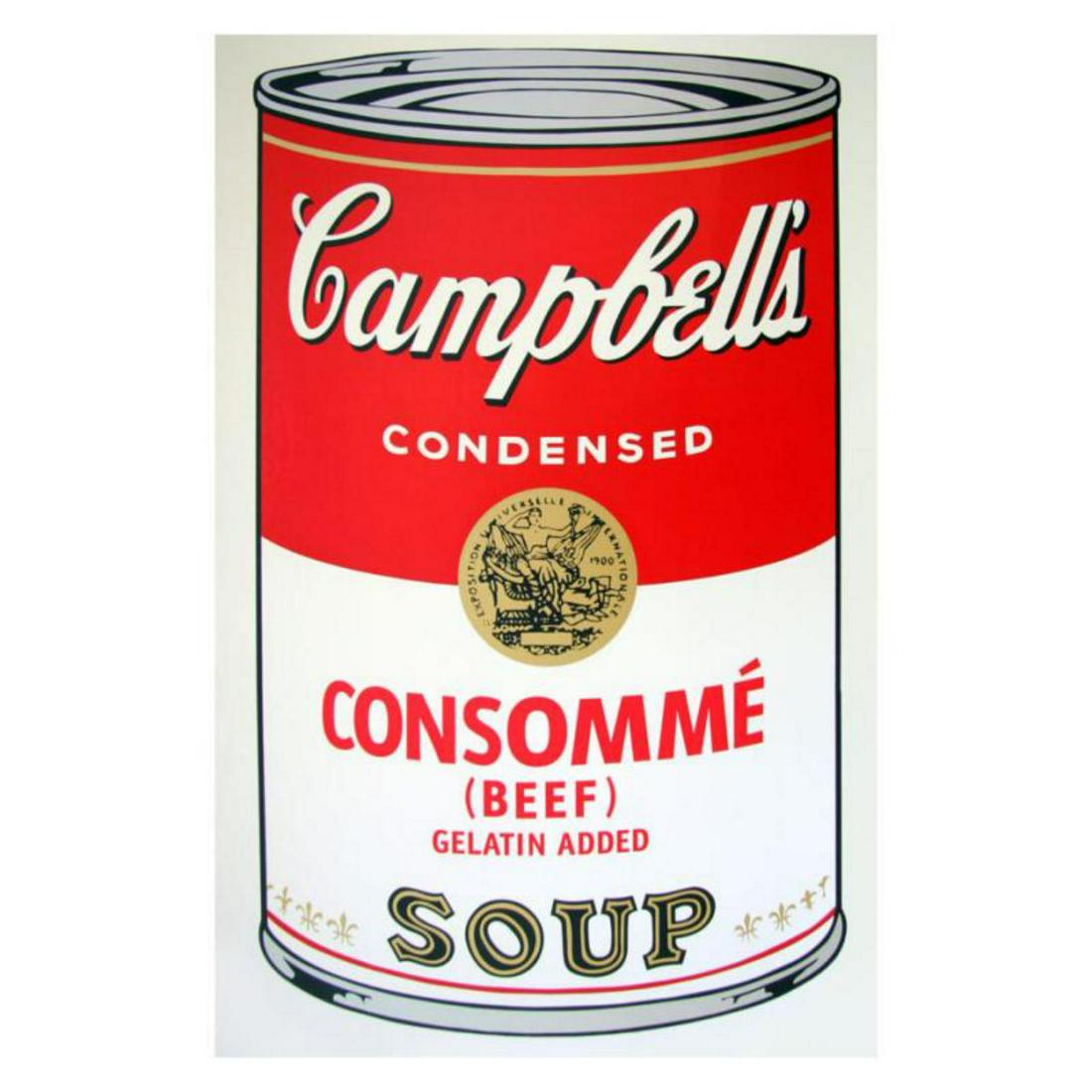 Andy Warhol "Soup Can 11.52 (Consomme)" Silk Screen: "Soup Can 11.52 (Consomme)" is a silk screen print on paper (open edition) from Sunday B Morning featuring the works of Andy Warhol. The piece is stamped in blue on the back with "Published by Sunday 