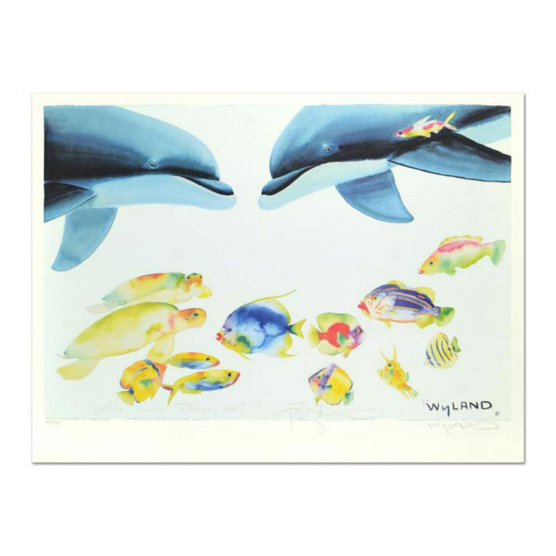 Wyland and Tracy Taylor, "Who Invited These Guys?": "Who Invited These Guys?" is a limited edition lithograph on paper by Wyland and Tracy Taylor, numbered and hand signed by Wyland and Taylor. Includes Letter of Authenticity. Measure approx. 33.5" x 2