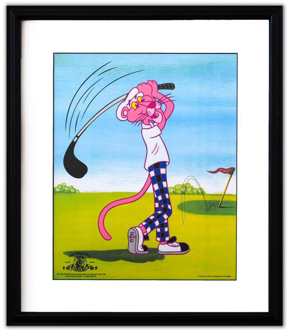 PINK PANTHER- Sericel "Pink Panther Golfing": Artist: PINK PANTHER. Medium: Sericel. Title: Pink Panther Golfing. Size (Unframed): 16.5" x 13.5". Size (Framed): 20" x 16". Certificate of Authenticity: Is included. Additional: Custom framed. Full 