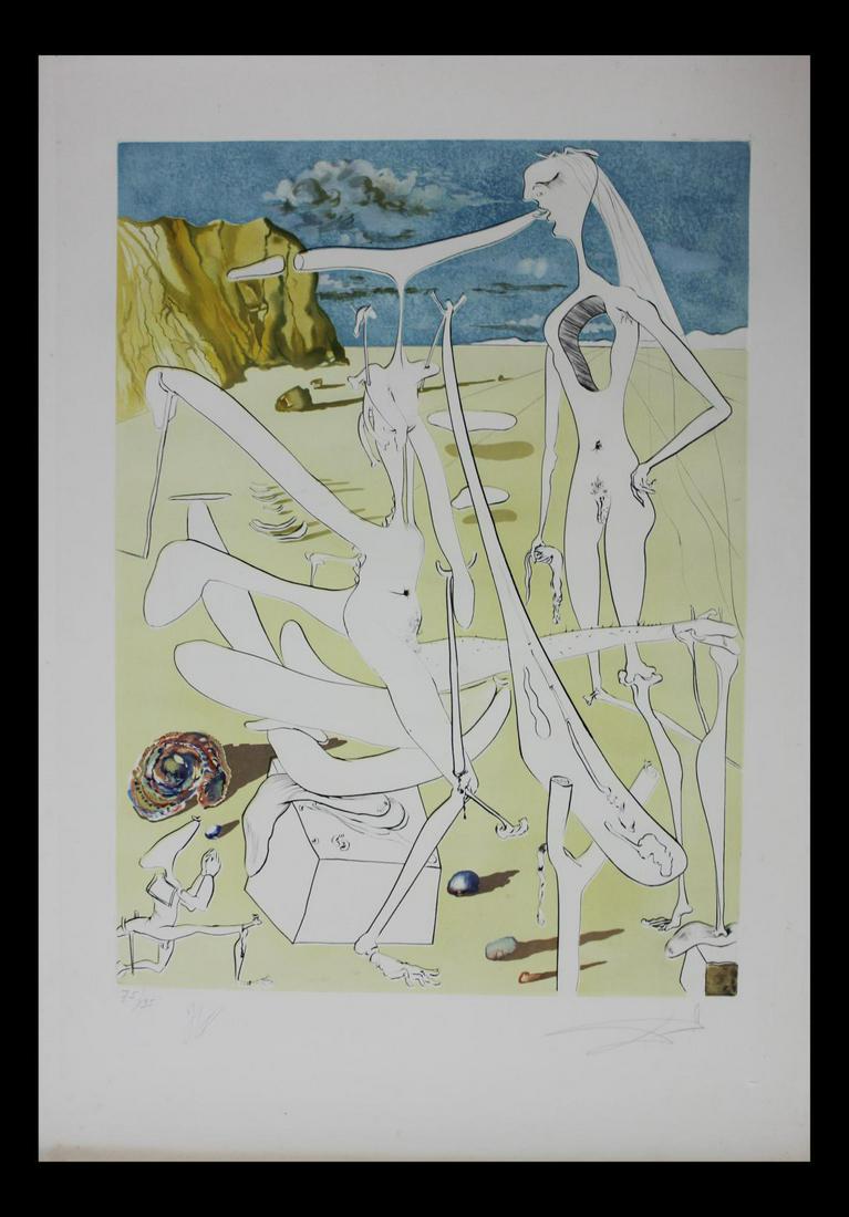 Salvador Dali- Original Engravings with Lithographic: Artist: Salvador Dali. Medium: Original Engravings with Lithographic Color. Title: Infraterrestres Adores par Dali a Cinq Ans dan il se Croyait Insecte. Size (Unframed): 39" x 27.5". Certificate of Au
