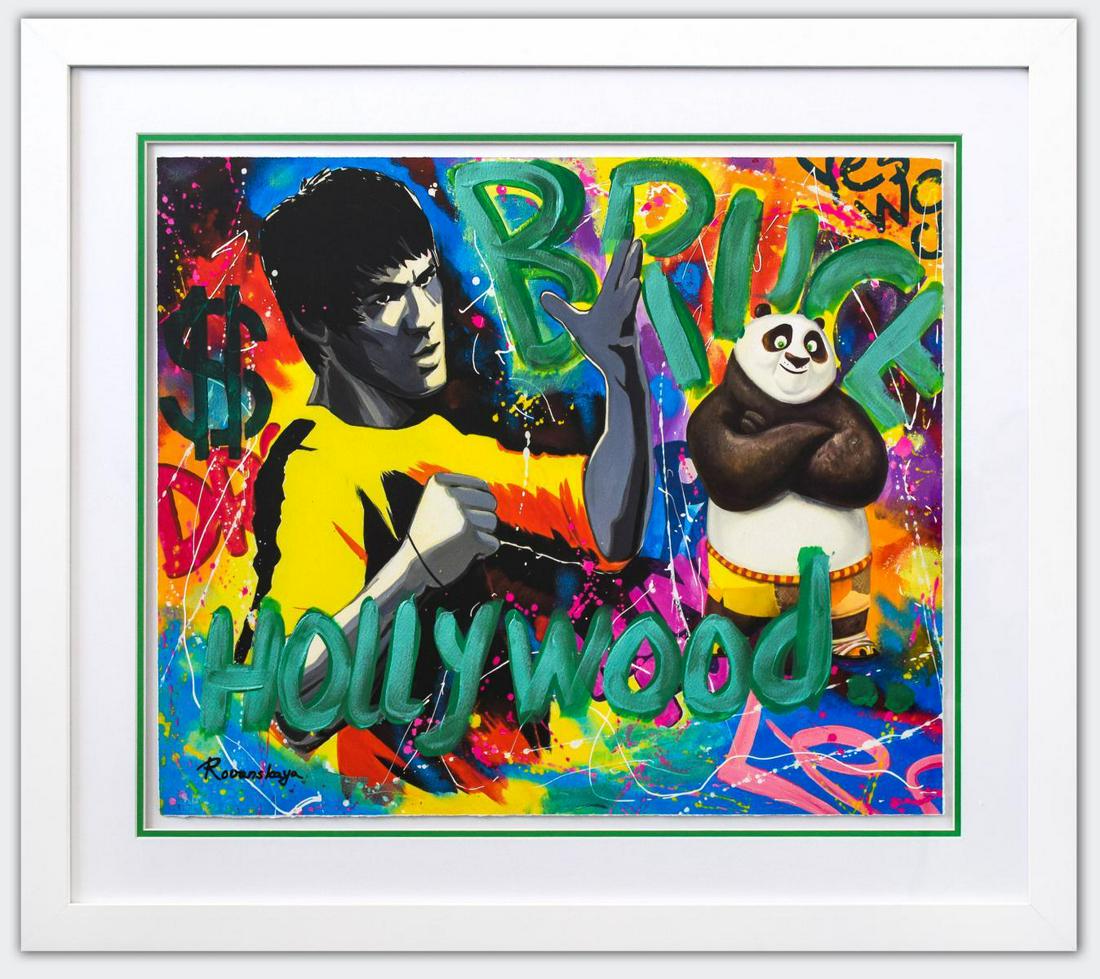 Nastya Rovenskaya- Original Mixed Media on Paper "Bruce: Artist: Nastya Rovenskaya. Medium: Original Mixed Media on Paper. Title: Bruce Lee & Kung Fu Panda. Size (Unframed): 20" x 24". Size (Framed): 29" x 33". Certificate of Authenticity: From the publishe