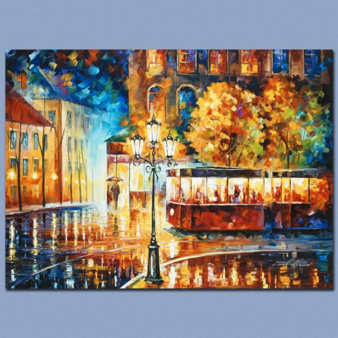 Leonid Afremov (1955-2019) "Night Trolley" Limited: Leonid Afremov's (1955-2019) masterful use of color and texture make his paintings unique collectibles that are sure to brighten any wall. "Night Trolley" is a limited edition giclee on canvas. The pi